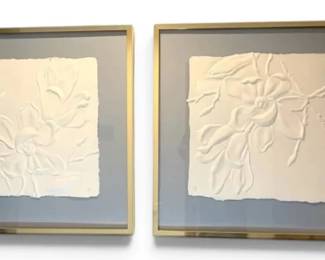 Framed White Floral Embossed Artworks  Signed