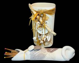 Ceramic Match Holder  Vase w Seashells