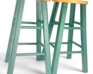 Two Green Wooden Bar Stools