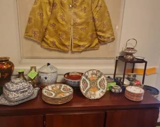 Boltinge sideboard from Denmark Silk brocade jacket, Famille Rose plates, Enamel Teaset