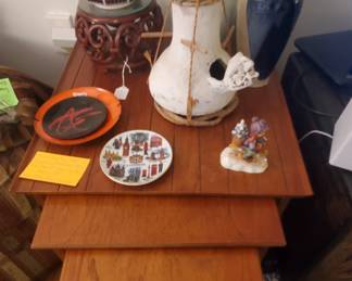 Walnut MCM nesting tables, Pottery and enamel on copper decor