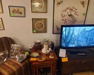 Framed Antique Prints, Silk of Peacocks, TV, MCM Nesting tables