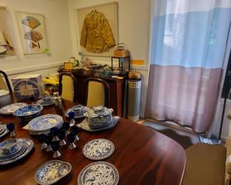 Blue and white dishes on Rosewood table