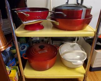 Red Le Creuset and MCM kitchen cart