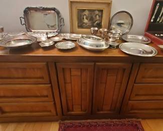 1970's Dixie North Carolina sideboard, Silver plate serving and flatware