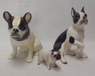 Vintage porcelain French bulldog, Boston terrier and a pug dog figurines