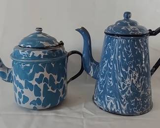 Antique blue and white swirl graniteware coffee pots