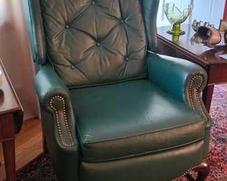 Hancock and Moore Alexander green leather tufted wing chair recliner
