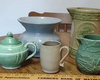 Assorted vintage pitchers, creamer, teapot and spittoon