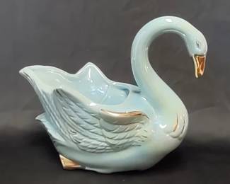Royal Copley iridescent blue ceramic swan planter