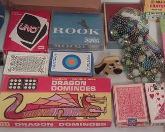 Vintage card games, dominoes, and coloring books and crayons