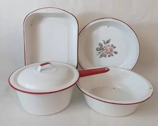 Red and white enamelware pans