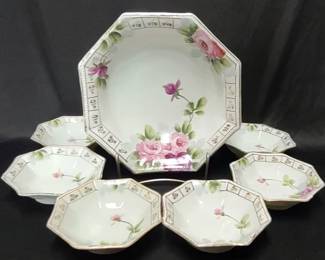 Nippon porcelain hand painted octagonal bowls and serving bowl set