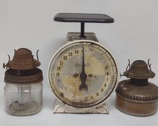 Vintage scale and oil lamps
