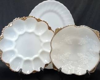 Milk glass gold trimmed egg plate and serving bowl
