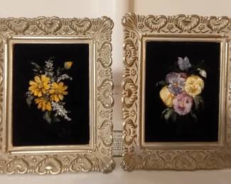 Pair of flower paintings on velvet