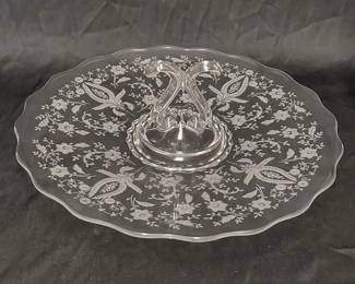 Vintage New Martinsville Viking glass Prelude pattern center handle tray with floral etching
