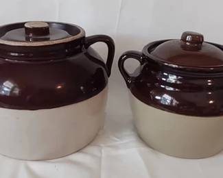 Vintage glazed stoneware bean pots