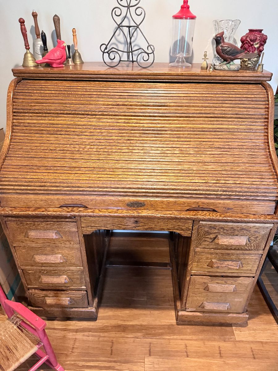 Tiger Stripe Oak Roll Top Desk from New Concord, KY High School