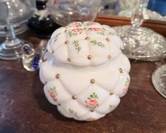 Tufted Painted Milk Glass Biscuit Jar