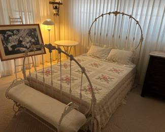 Lovely Antique Full-Size Cast Iron Bed (complete with box spring - no mattress), Antique hand made full-size bedspread, Antique cast iron bench.
