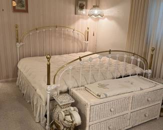 Vintage King Size Brass and White Metal Bed. New twin mattresses included. Vintage Elephant Plant Stands (set of 2), Wicker dresser/bench