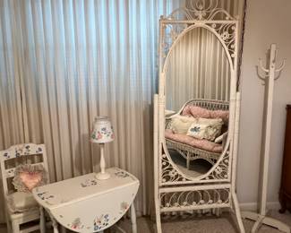 Antique Wicker/Rattan Full Tilting Mirror. Charming Vintage Hand Painted/Stenciled drop leaf table & char, Hand painted/stenciled foot stool, Antique Wicker Loveseat, Vintage White Coat Rack