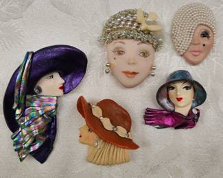 Porcelain & Mixed Media Lady Head Brooches