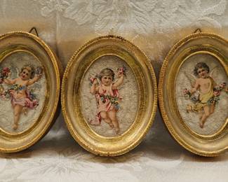 3 Die Cut Cherubs in Gold Leaf Italian Frames
