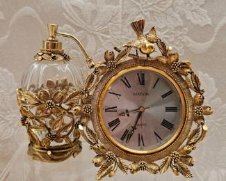 Matson Brass Filigree Bird Clock & Perfume Automizer