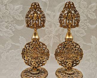 Matching Pair Brass Filigree Perfume Bottles
