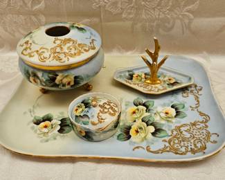 Antique Porcelain Dresser Set Heavy Gold Decoration