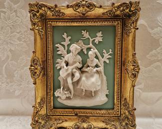 Framed Porcelain Victorian Couple Scenic Plaque
