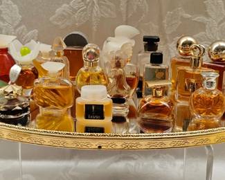 Big Lot of Perfume Miniatures on Brass Dresser Mirror