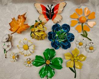 Lot Enamel Flower Brooches & Clip Earrings