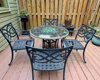 Neille Olson Mosaic Cafe Table and (4) Cast Aluminum Chairs