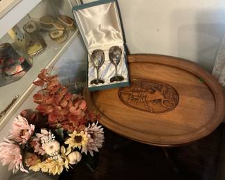 Carved wood table, artificial flowers, vintage comb/brush sets, goblets