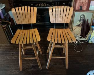 Set of Bar Slatted Wooden Swivel Stools Arthur Umanoff Style