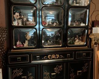 Black Lacquer Chinoiserie Oriental China Cabinet w/Domed Glass