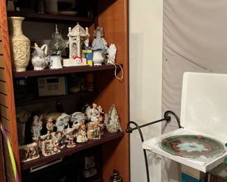 Glass liquor tray table, ski boots, roller skates & collectables