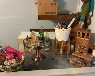Mirrored tray, vintage perfumes, petrified wood & knick knacks