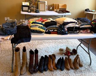 Ladies clothes, shoes, white shag rug