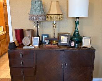 Lamps, shades, vintage dark wood sideboard