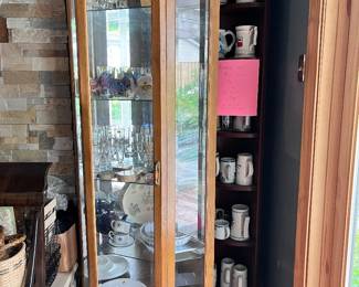 Tall corner curio cabinet with light- 81”H x 21” deep on each side
