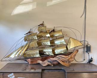 57" Mid-Century Modern Brass Sailing Ship Sculpture on Driftwood Base