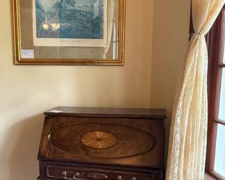 Reproduction brown cherry vintage-style drop front secretary desk.