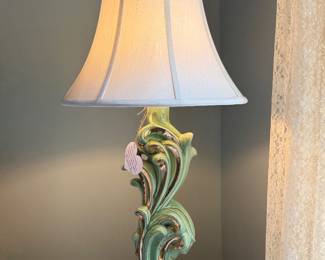 Vintage 1950s green swirl lamp trimmed in gold