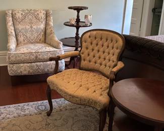 We have 2 matching Hickory Chair Co. Louis XV hand-tufted armchairs