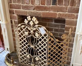 Ornate wrought iron fire place screen floral & lattice design; Antique solid brass fireplace fender