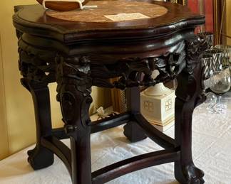Antique Chinese hand-carved rosewood table with/pink-hued marble top.  very collectible and priced below market.